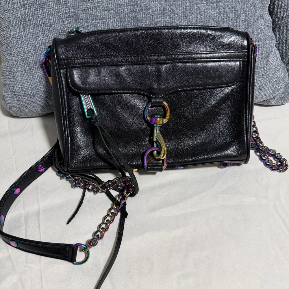 Rebecca Minkoff Black Leather Mini Max Crossbody Bag with Iridescent Hardware